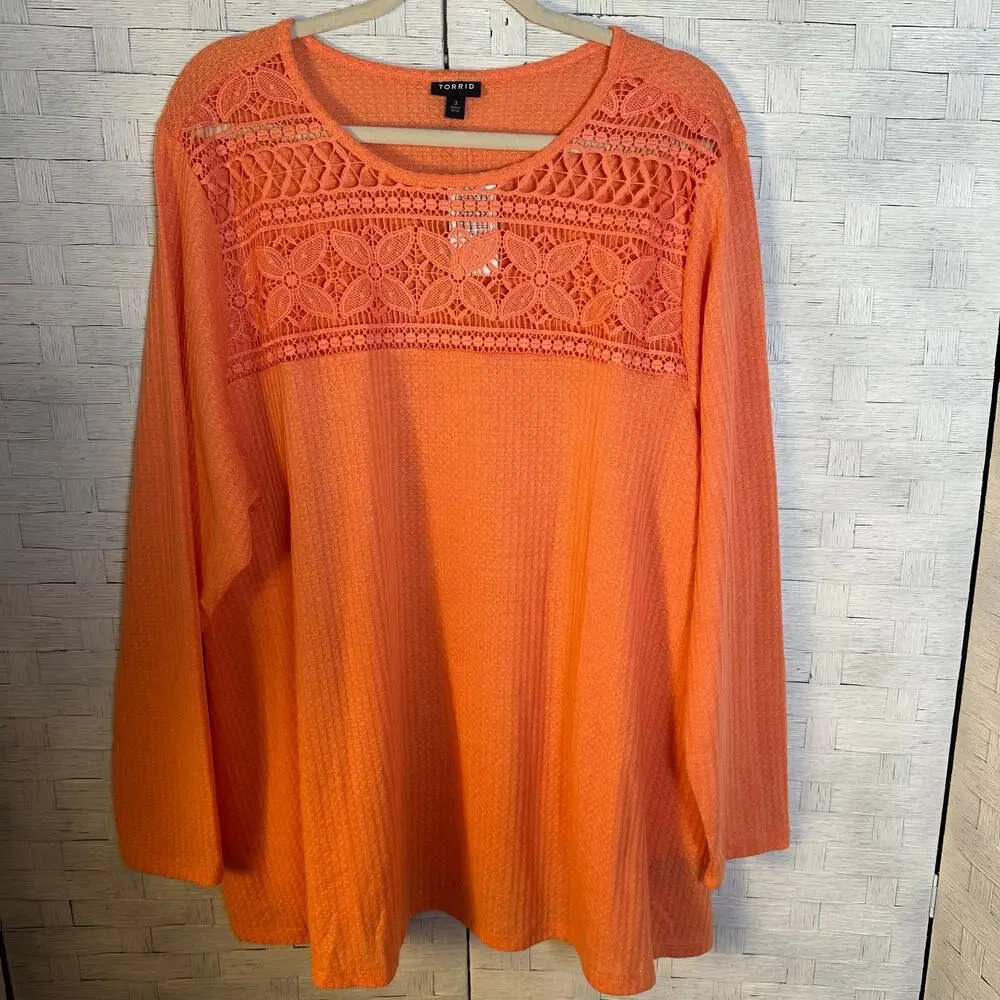 Torrid women's top waffle knit lace long sleeve romantic fall bohemian plus size